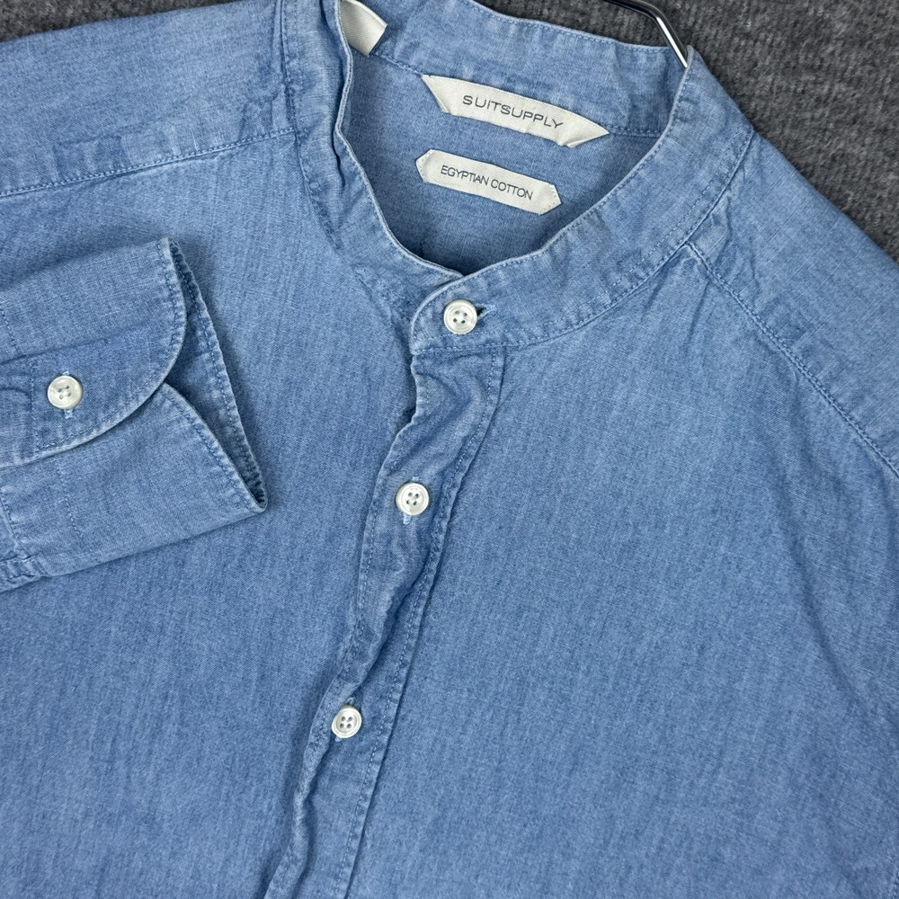 Suitsupply Shirt Mens‎ 38/15 Slim Fit Blue Chambray Egyptian Cotton Band Collar